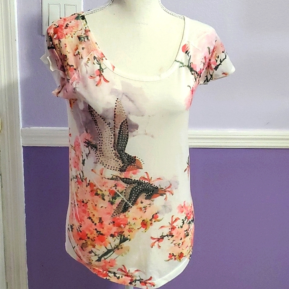 Sublimination Retro Y2K White Floral & Birds Embelished Lightweight Baby Tee S